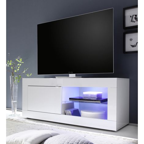 Meuble TV moderne 140 cm laqué blanc brillant Agathe (1/4)