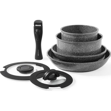 7 Piece Induction Cookware Set, Saucepans and Pans Set with Removable Handles, Stackable, Non-Stick Ceramic Coating PFAS Free, with Glass Lid, Grey (1/5)