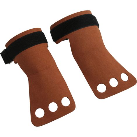 Lot de 2 protège-paumes en similicuir marron pour la gymnastique, avec poignées à trois doigts pour tractions et haltérophilie. (1/5)