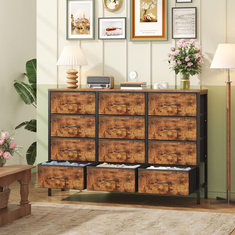 Kommode mit 12 Schubladen, Stoffkommode mit Metallrahmen und MDF-Holzplatte, verstellbare Füße, Kippsicherung, Aufbewahrung Kommode für Schlafzimmer, Wohnzimmer, Kleiderschrank, Braun (1/5)