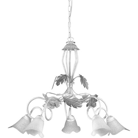 Lustre 5 bras en métal blanc avec nuances argent. Abat-jours en verre blanc satiné (1/3)