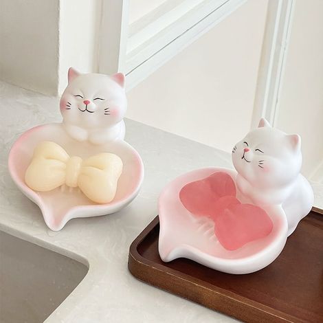 1/Porte-savon créatif en forme de chat avec égouttoir pour lavabo, jolie boîte à savon pour la maison (1/5)