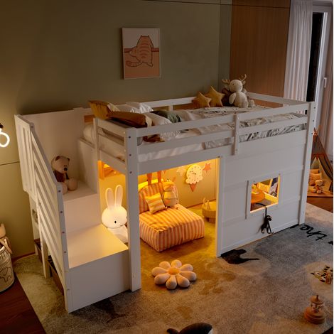Lit 90x200 avec rangements, fenêtre et LED blanc HAVRYA (1/5)