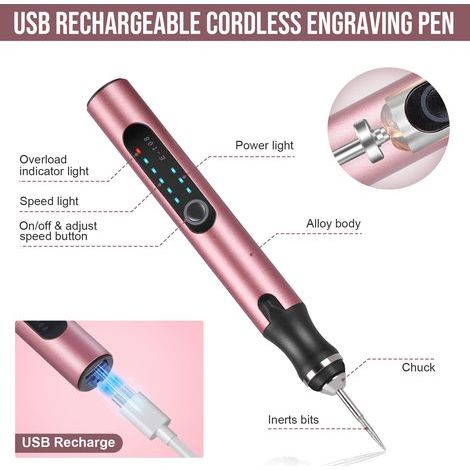 Elektrischer Gravierstift mit 37 Spitzen, USB-wiederaufladbare kabellose Graviermaschine, tragbarer Rotationsgravierer für Schmuck, Holz, Glas und Stein (rot-rosa) (1/5)