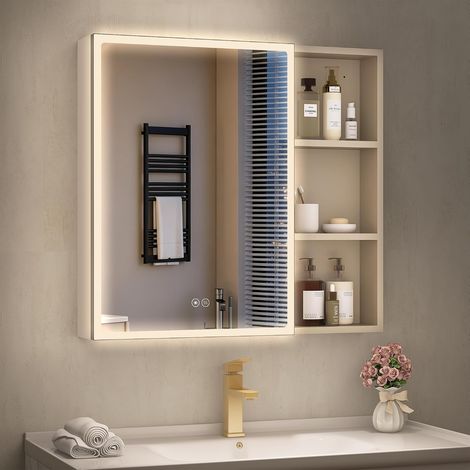 Armoire de salle de bain avec miroir LED 75 x 70 cm Beige – Armoire miroir de salle de bain avec éclairage et anti-buée – Armoire suspendue en aluminium, couleur de la lumière à intensité (1/5)