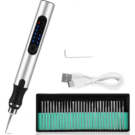 Stylo graveur électrique, 3 vitesses réglables, outil de gravure sans fil rechargeable, ensemble de 31 pièces (argent)