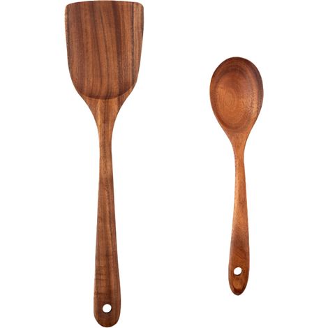 Cuillère En Bois De Teck - Ustensile De Cuisine Naturel Sans Revêtement Antiadhésif - Pour Casseroles Et Poêles Antiadhésives - Lot De 2 Pièces (1/5)