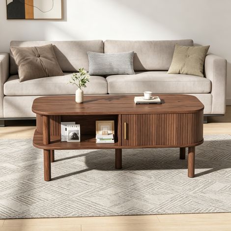 Mesa de centro 110x55x45 cm nogal MDF con puerta corredera estriada y almacenaje (1/5)