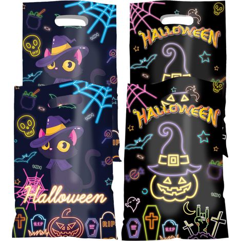 50 sachets à friandises néon pour Halloween - Sachets en plastique avec poignées, 2 motifs néon effrayants pour les cadeaux d'invités et la décoration saisonnière (1/5)