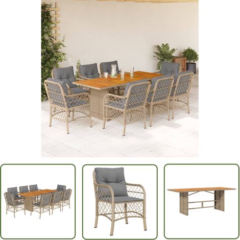 The Living Store 9-tlg. Garten-Essgruppe mit Kissen Beigemischung Poly Rattan - Gartensessel - Gartenstuhl - Gartenmöbelset - Outdoor Möbel - Rattan Gartenmöbel