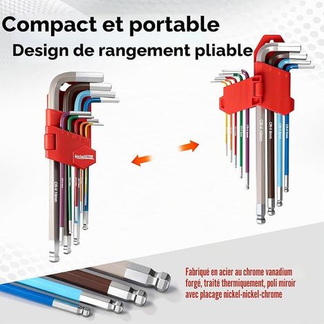 set de clés Hexagonales Bras Long Métrique Clés Allen 1,5-10mm Acier Cr-V Clés Antidérapantes de Couleur Pour la Réparation de Vélos et de Meubles Projets DIY