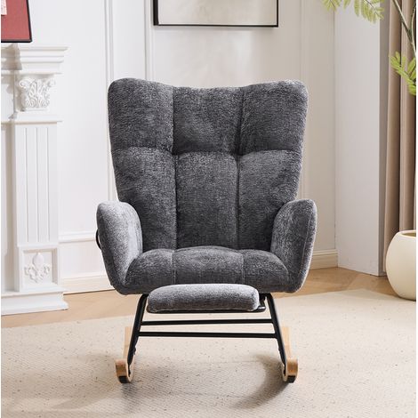 Chaise à bascule pour chambre d'enfant en chenille gris foncé avec repose-pieds OKMYHOME (1/5)