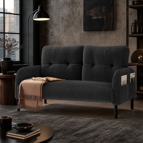 Sofá de 2 plazas (120x75x79 cm), tapizado en pana, con bolsillo lateral, estructura metálica, gris (1/5)