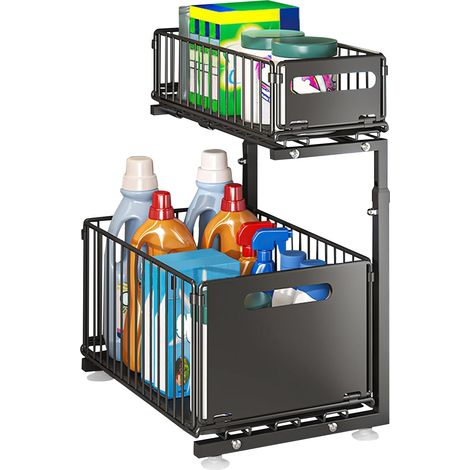 Rangement Sous évier à 2 Niveaux,Organiseur de Cuisine, Étagère sous Évier, Porte-épices,Panier Coulissant en métal,pour Salle Bain,Chambre (26,5 x 38 48,5 cm (noir)) 26,5 X Cm (Noir) -'26,5 X 38 X 48 (1/5)