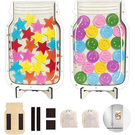 Lot de 2 bocaux à récompenses magnétiques, bocaux à récompenses étoiles et smiley, système de récompenses pour enfants, outil d'éducation à la responsabilité à la maison et en classe pour les garçons (1/5)