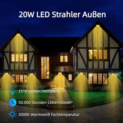 Set mit 2 LED-Flutlichtern (20 W), superhelle 1510 lm, warmweißes Licht (3000 K), wasserdicht (IP66), Sicherheitsbeleuchtung für Garten, Terrasse, Hof, Eingangsbereich und Garage (Stecker nicht im Lie (1/5)