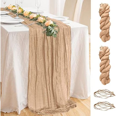 Lot de 2 chemins de table en mousseline de soie beige 90 x 400 cm - Chemin de table en gaze - Décoration de table pour mariage, fête d'anniversaire, décoration de fête (1/5)