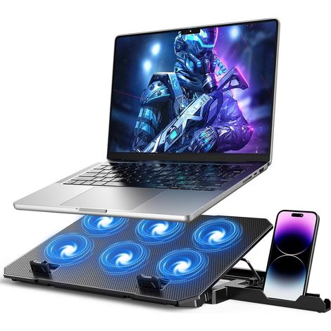 Refroidisseur pour ordinateur portable - Vitesse maximale 3500 tr/min - 6 ventilateurs silencieux et puissants - Réglable - Convient aux ordinateurs portables de 12 à 17 pouces - Support pour téléphon (1/5)