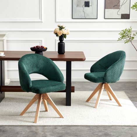 2er-Set leichter Luxury-Drehstühle im Retro-Stil. Dunkelgrüner Samtstoff mit Massivholzbeinen, 360° leise Drehfunktion. Umschließende gewölbte Rückenlehne. Geeignet für Esszimmer, Wohnzimmer.