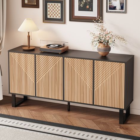 Meuble TV 160cm avec 4 portes à stries 3D,Design minimaliste, pour salon/entrée, structure métal, noir et naturel (1/5)