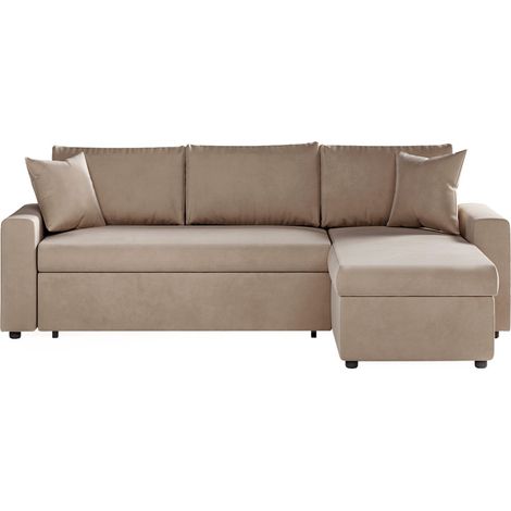 Loungitude – Canapé d'angle convertible réversible 223x148 cm – Coffre de rangement 140x60 cm – Couchage 135x195 cm – Velours grège (1/5)