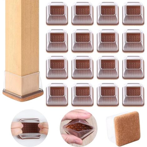 Lot de 16 patins de pieds carrés en silicone transparent, protections de sol avec feutre, pas de rayures ni de bruit (1/5)