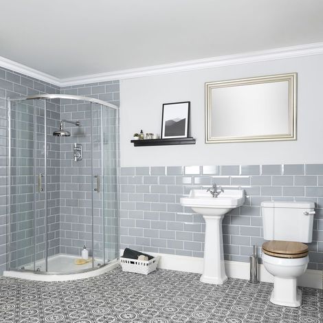 Milano Richmond White Reversible Quadrant Shower Enclosure  Ceramic Close Coupled Toilet and 1 Tap Hole Bathroom Basin Sink - Full Pedestal Basin (1/5)
