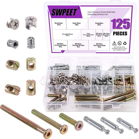Kit de Fixation 3 en 1 pour Meubles - 125 Pièces - Vis de Verrouillage, Écrou à Cames, Raccord Excentrique et Latéral - Vis d'Écrou Pré-Insérées - Roue (1/5)