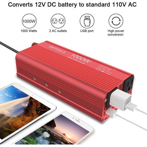 Onduleur auto EBTOOLS 1000W/2000W convertisseur 12V DC à 110V AC avec 2 sorties AC (1/5)