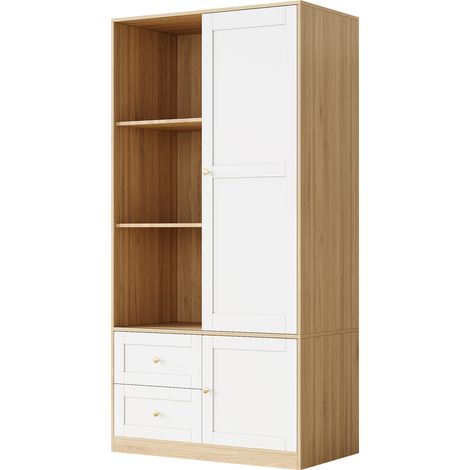 Armario ropero con puerta corredera, barra y 2 cajones, MDF blanco y madera, 90x50x180 cm (1/5)
