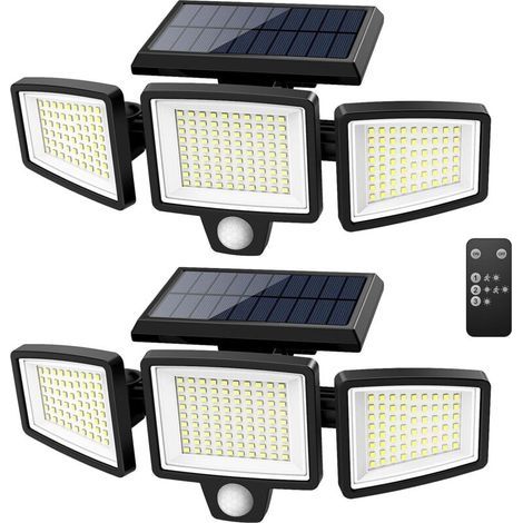 Lampes solaires d\'extérieur 2500 lm, 210 LED de sécurité avec télécommande, 3 têtes de détection de mouvement, étanchéité IP65, grand angle 270°, 3 modes d\'éclairage (lot de 2) (1/5)