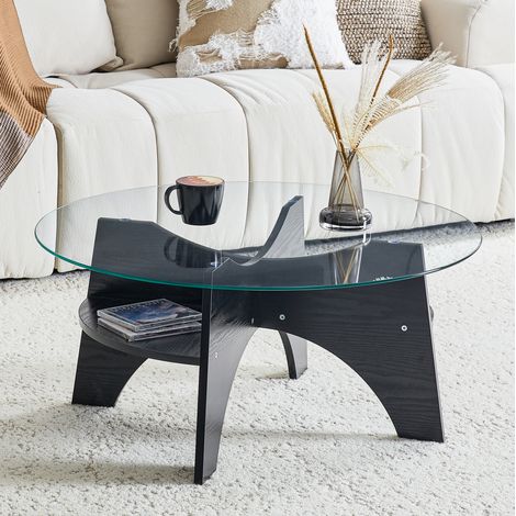Mesa auxiliar redonda Ø80x36 cm negra y transparente en MDF y vidrio con diseño minimalista y base en abanico (1/5)