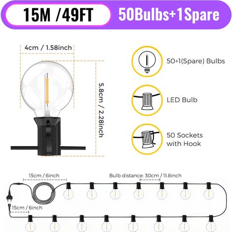 (15M 50 ampoules) Guirlande lumineuse féérique d'extérieur G40, lumière blanche chaude, convient aux jardins, mariages, fêtes et autres occasions. (1/5)