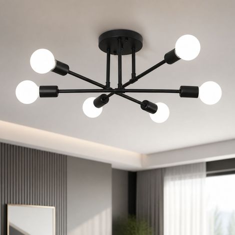 Plafonnier design araignée 6 lumières, fer noir mat Ø70cm, bras orientables, douilles E27, style industriel moderne pour salon (1/4)