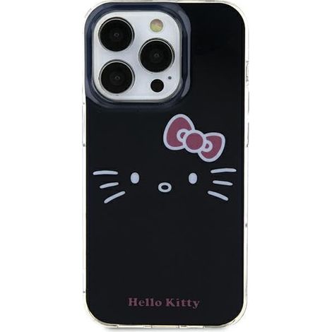 Coque rigide Hello Kitty HKHCP15SHKHLK pour iPhone 15/14/13 6,1 pouces, noire, motif visage de chaton IML