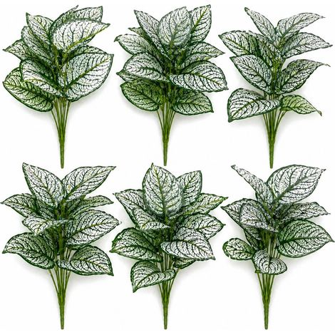 Pack of 6 x 60cm Artificial Caladium Style Stem Plant Variegated Green White Faux Foliage Arrangement (1/4)