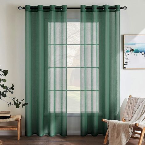 Couleur Pure Rideaux De Fenêtre Transparents Lisse Panneaux Voile De Fenêtre Rideaux Élégant Traitement pour Chambre Salon Rideaux à Oeillets 2 Panneaux 140x145cm Vert Foncé (1/5)