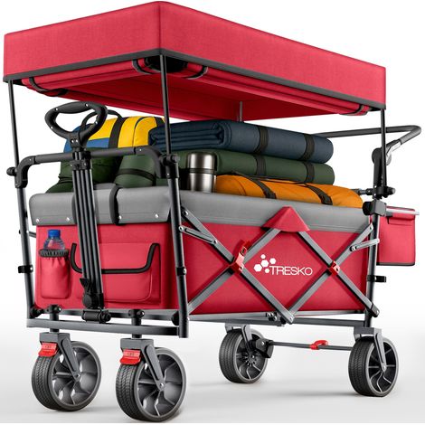 TRESKO® Bollerwagen Faltbar mit Dach Rot, Kühlfach & Seitenrollos Handwagen max. belastbar bis 150kg Transportwagen mit Vollgummireifen & Feststellbremsen (Vorne & Hinten) und 3-Punkt-Gurt (1/5)