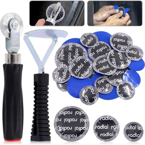 Kit d'outils de réparation de pneus de 25 pièces comprenant un rouleau de réparation de pneu, un grattoir de doublure intérieure de pneu et un outil de réparation de pneu rond en caoutchouc