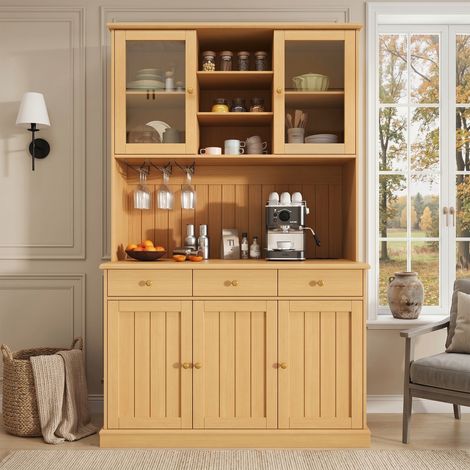 Buffet vaisselier de cuisine 120x40x191cm avec portes vitrées porte-verres 2 prises et USB-A et USB-C décor bois naturel (1/5)