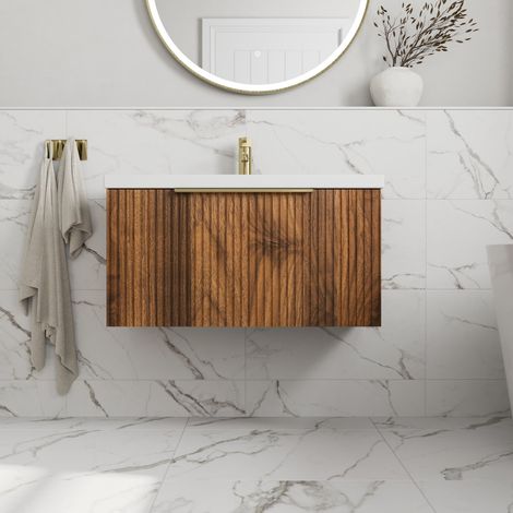 Fluted 800mm Bathroom Vanity Unit Basin Wall Hung Cupboard Soft Close Walnut (1/5)