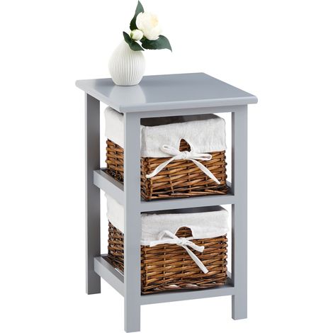 Idimex – Table de chevet avec 2 paniers en bois de paulownia lasuré gris – Paniers en osier avec doublure tissu blanc – Dimensions intérieures 18x15x26 cm (1/5)
