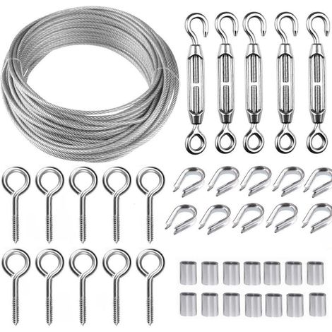 Kit de suspension en corde d'acier inoxydable, câble en acier inoxydable gainé de 30 m/2 mm avec tendeurs M5, kit de câble métallique de 2 mm pour plantes grimpantes, corde à linge, rambarde (1/5)