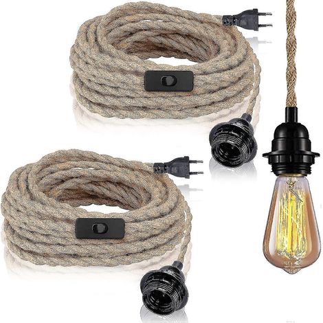 Lot de 2 suspensions avec interrupteur, câble en chanvre de 4,5 m, douille E27 pour hall d'entrée, cuisine, table à manger, bar (ampoule non incluse) (1/4)