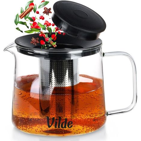 VILDE Infuseur Pichet en Verre 1,5 L - Verre borosilicaté - inox - couvercle pratique - Pour thés et boissons froides (1/5)