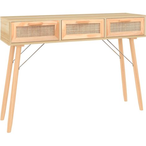 Meuble console d'entrée moderne table d'appoint avec tiroirs 105 x 30 x 75cm bois massif pin /rotin naturel brun DEC032038 (1/5)