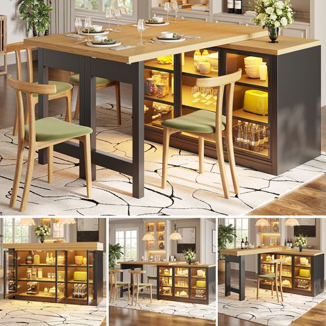Îlot de cuisine 2-en-1 120-197x40x72 cm avec table pivotante à 360°, Table de bar avec éclairage LED, portes vitrées push-to-open, MDF et verre, noir (1/5)