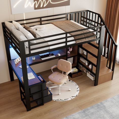 Hochbett 90×200 cm, Einzelbett mit 4 Schubladen, LED Verstellbar und Schreibtisch, ohne Matratze, aus Metall und MDF, Schwarz (1/5)