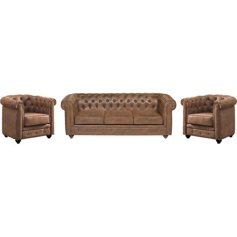 Canapé 3 places et 2 fauteuils CHESTERFIELD en microfibre aspect cuir vieilli
