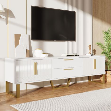 Mueble de TV blanco brillo, mueble de almacenaje con tiradores y patas dorados y puerta, blanco y dorado, 170 x 40 x 54 cm (1/5)